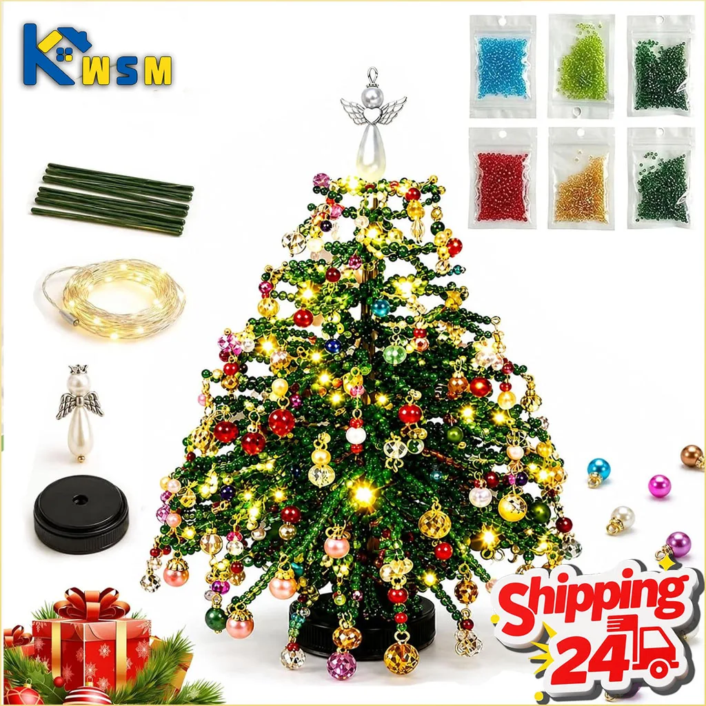 1-4Sets Beaded Christmas Tree Kit Mini Handmade DIY Craft Holiday Tabletop Decoration Creative Making Supplies for Home Gift