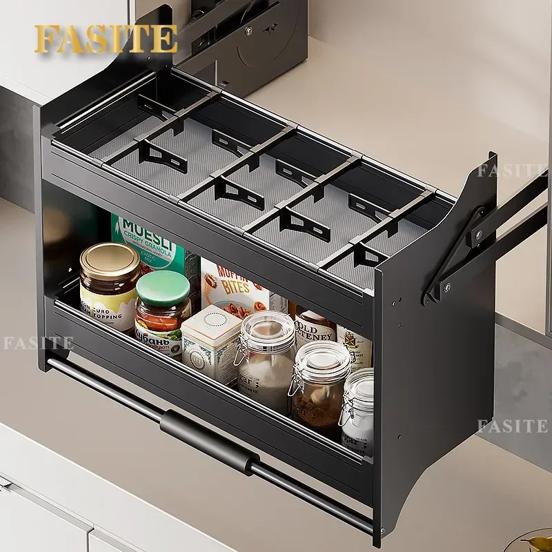 For Space Aluminum Hanging Cabinet Lift Basket Seasoning Storage with Damping Static Slide Rail Kitchen Organizer