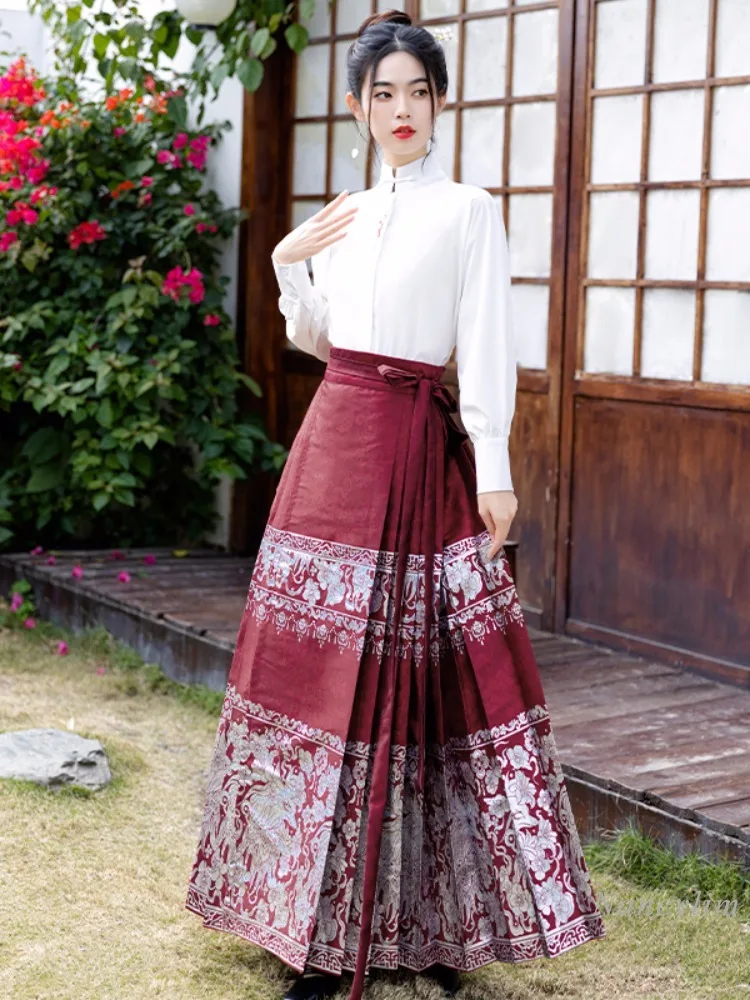 New Chinese Style Buckle Chiffon Shirt Women's Autumn and Winter 2024 Spring New with Horse-Face Skirt Top National Style Suit