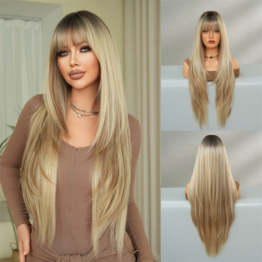 Golden white wig for women, fashionable and ultra long straight hair, black full wig, bangs and full head cover,