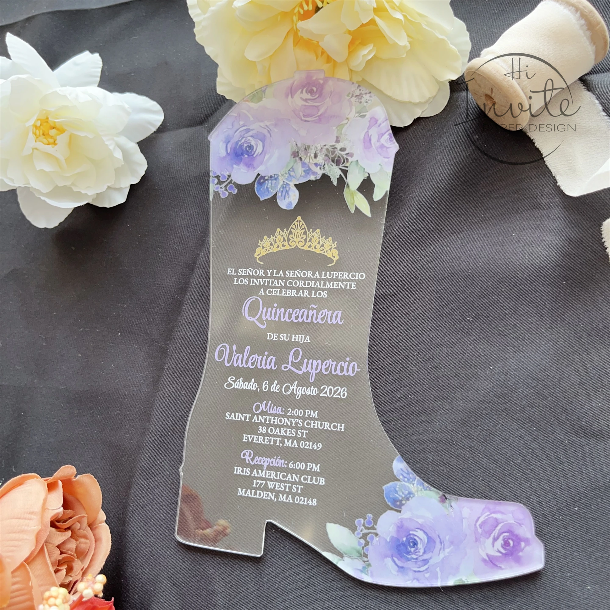 Violet Flower Quinceañera Boots Acrylic Invitation, Lavender Shoes Acrylic Invite for Sweet 15 {Free Preview Available}