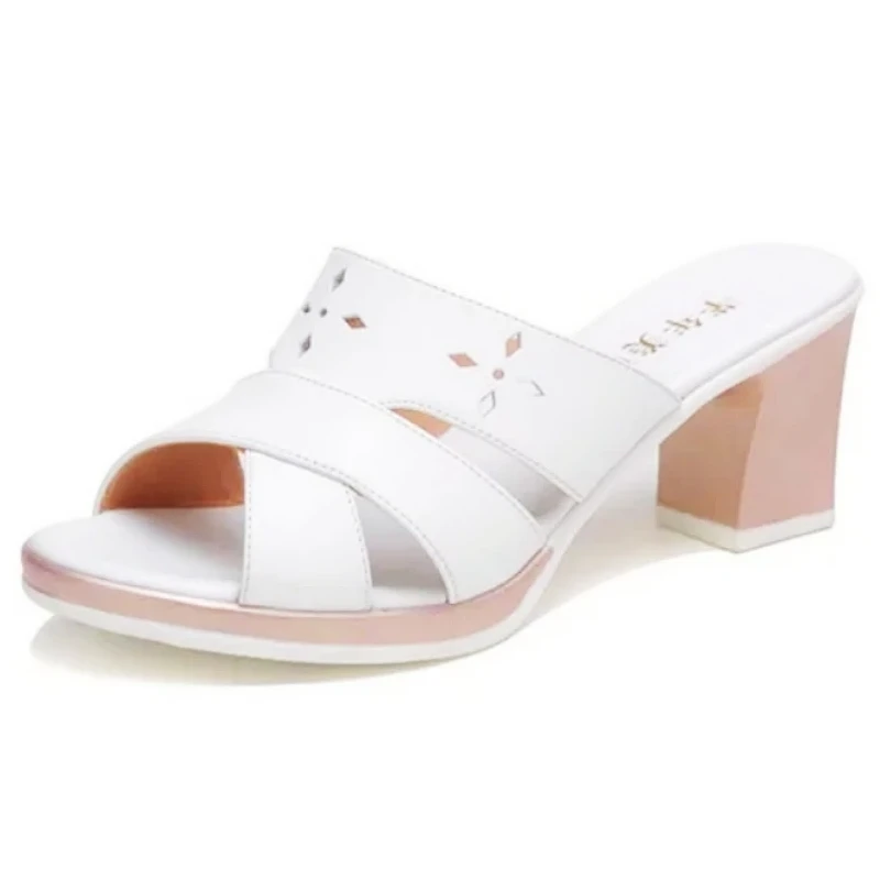 7cm Small Size 32-43 Elegant Block High Heels Slides Summer Platform Shoes 2024 Soft Leather Slippers Women for Office Beach