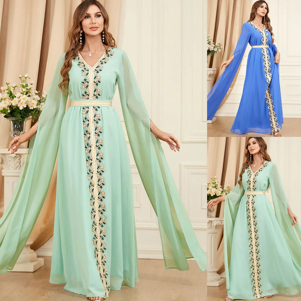 

Long Chiffon Muslim Evening Dresses with Cape Sleeve V-Neck Dubai Arabic Long Sleeves A-Line Embroidery Formal Prom Party Gowns