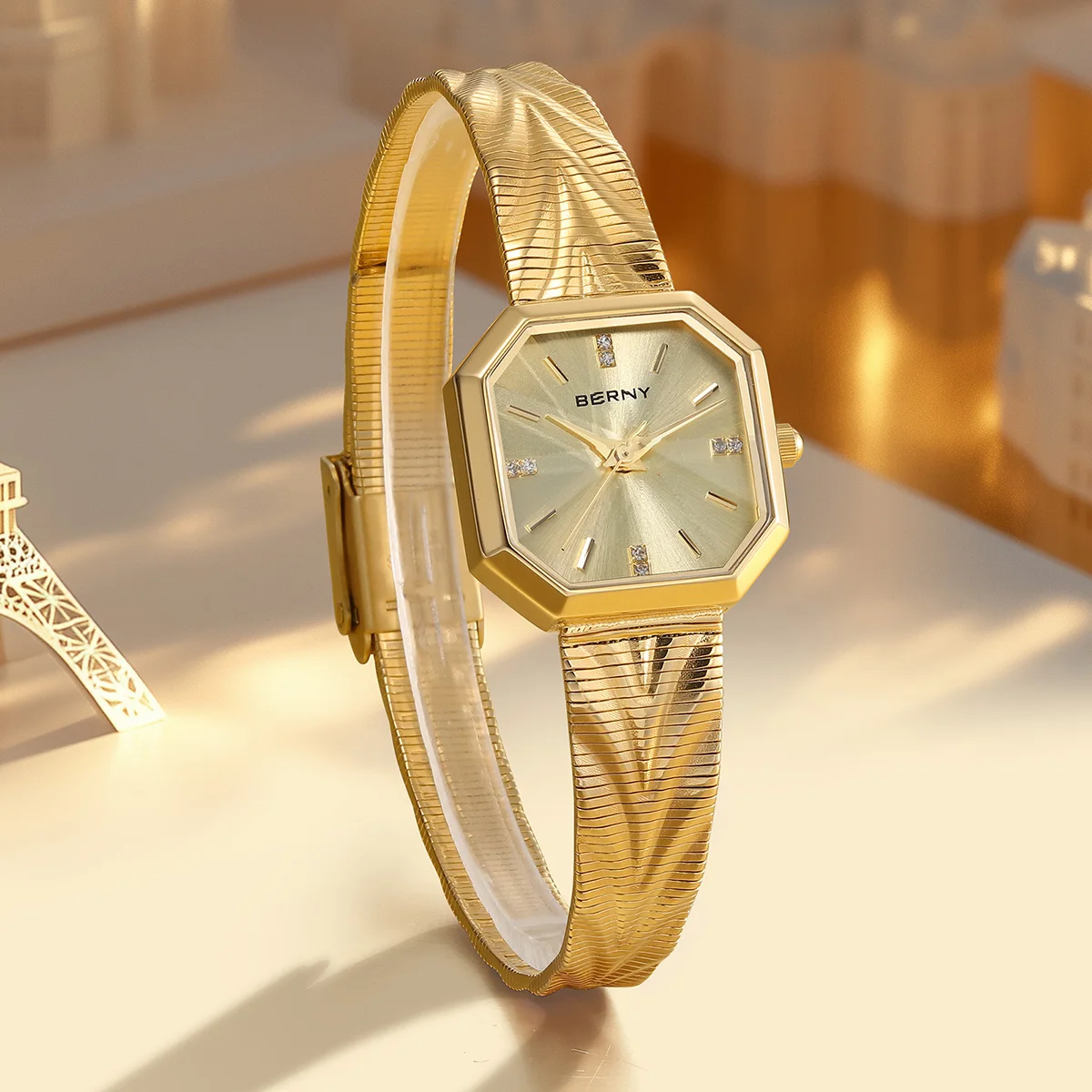 BERNY Gold Watch For Women Octagonal Ladies Quartz Wristwatches Stainless Steel Women Small Gold Watch Luxury Fashion Watches