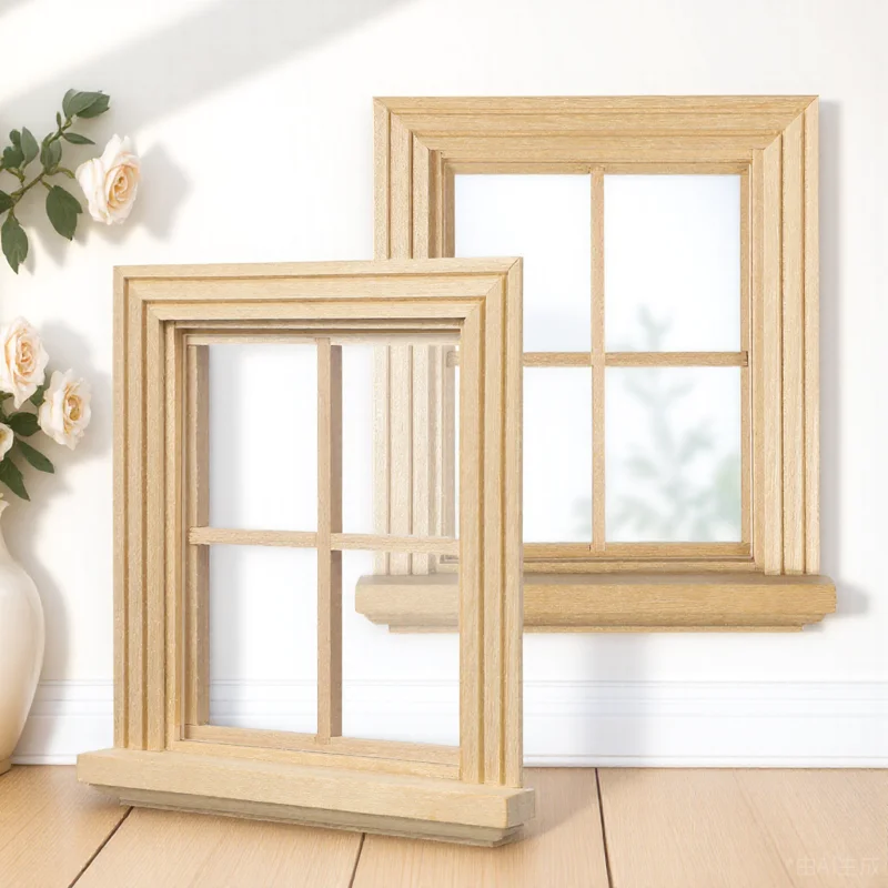 2-teiliger Miniatur-Fensterrahmen aus Holz, Hausmöbel, rustikaler Stil, Ornament für DIY-Zimmer, Haus-Fensterrahmen