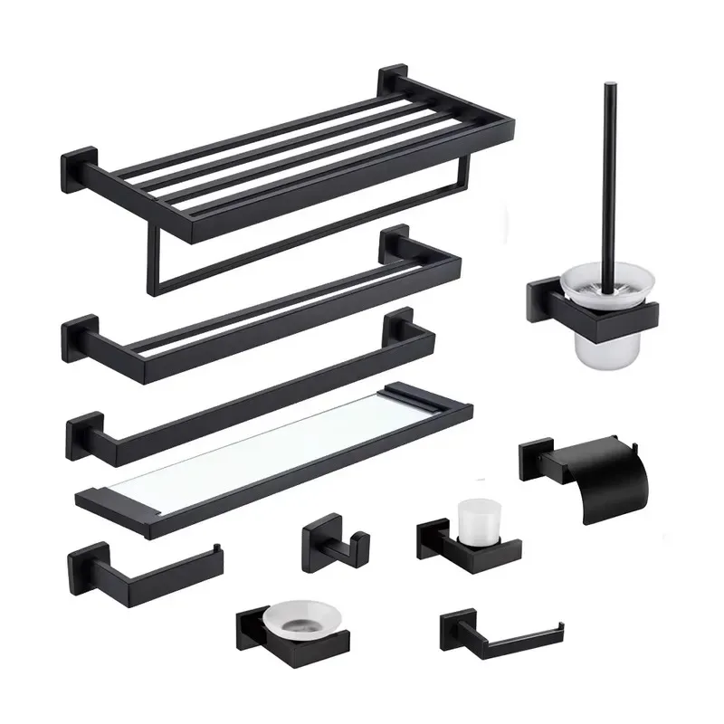 Modern 304 Stainless Steel Matte Black Kitchen Bathroom Fittings Organizer Hardware Kit Wall Mounted Eco Friendly Design