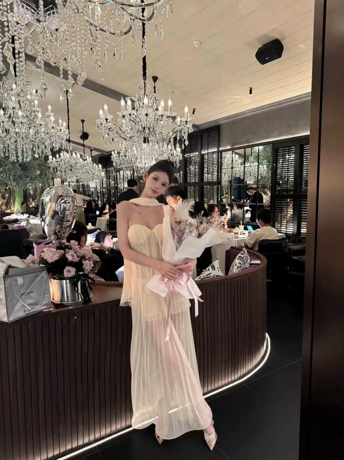 หญิง Fairy ริบบิ้นประดับด้วยเลื่อมจีบชุดยาว Lady Elegant ชีฟองตาข่าย Party Dinner จัดเลี้ยงวันที่ชุดผู้หญิงบาง Sheer Dress