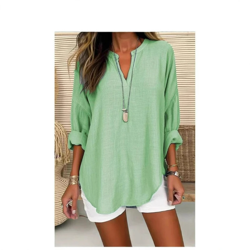 Women V Neck T Shirt Full Sleeve Solid Tops Casual Spliced Shirts Loose Regular Elegant Lady Basis Streetwear Top Autumn 2026