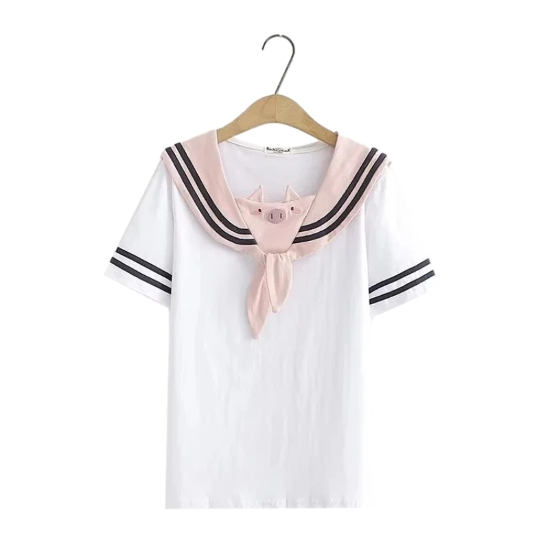 

2023 Summer Clothes Japanese Preppy Sweet Kawaii Cartoon Pig Sailor Collar T Shirt Lolita Short Sleeve Tee Shirt White Tops