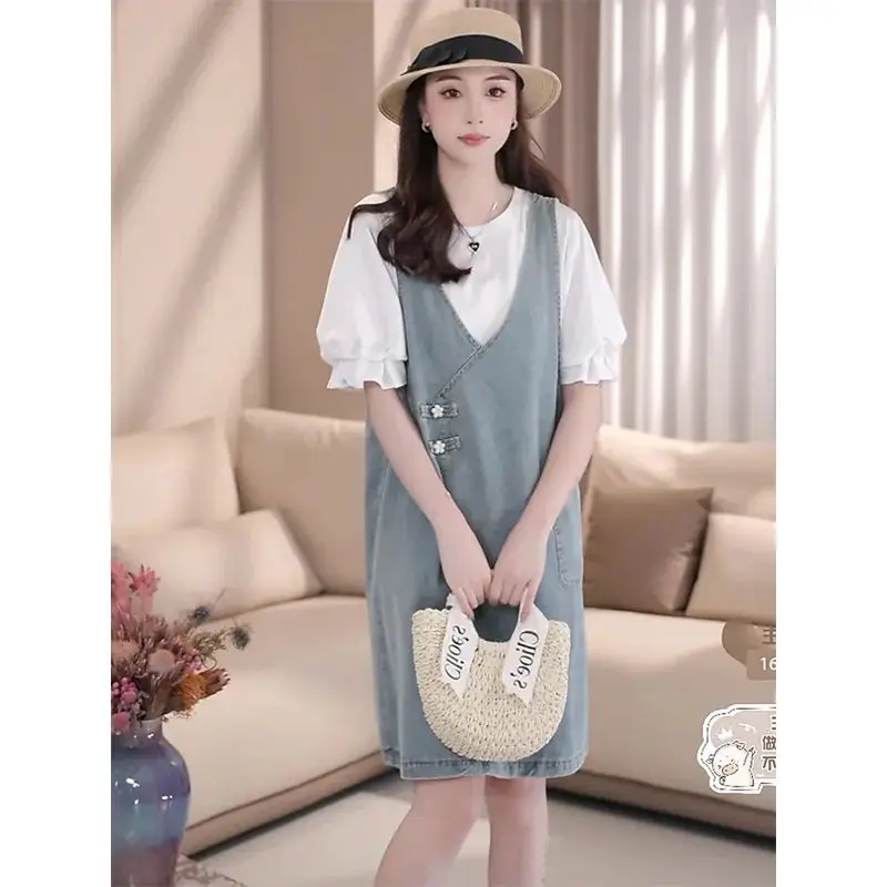 2024 Summer Fashion Design Sense Western Style Age Reducing Top Denim Strap Skirt 2-piece Set