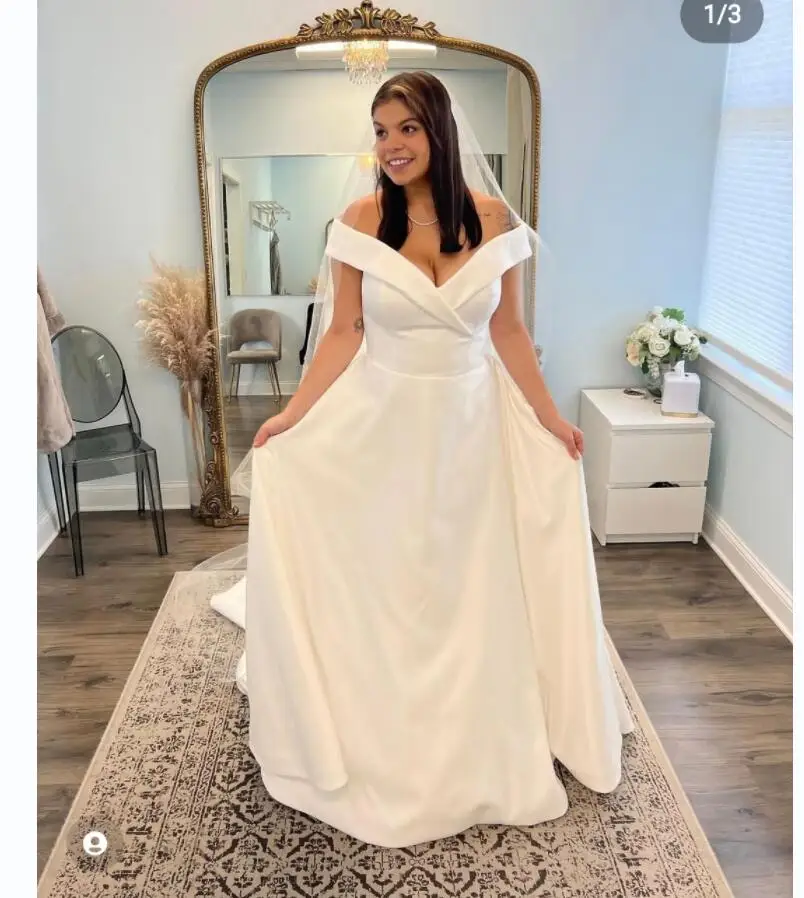 Fora do ombro simples vestido de casamento de cetim branco até o chão para as mulheres vestido de noiva até o chão elegante robe de mariee 2022