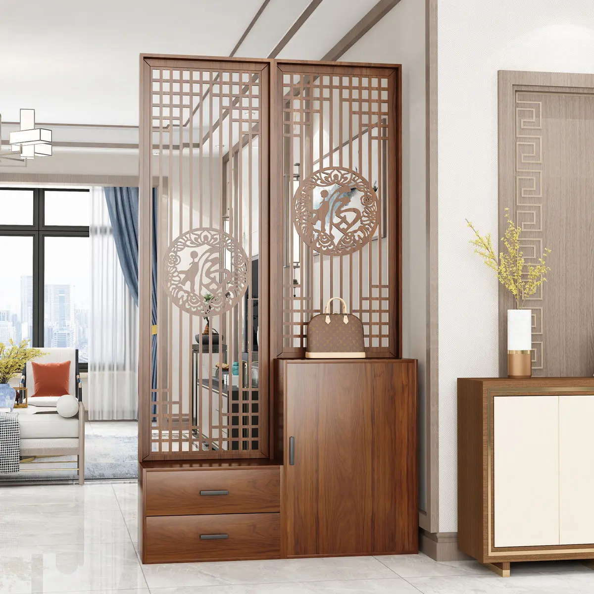 CX new Chinese-style multi-functional screen partition living room shoe cabinet entrance, movable and simple, decorative