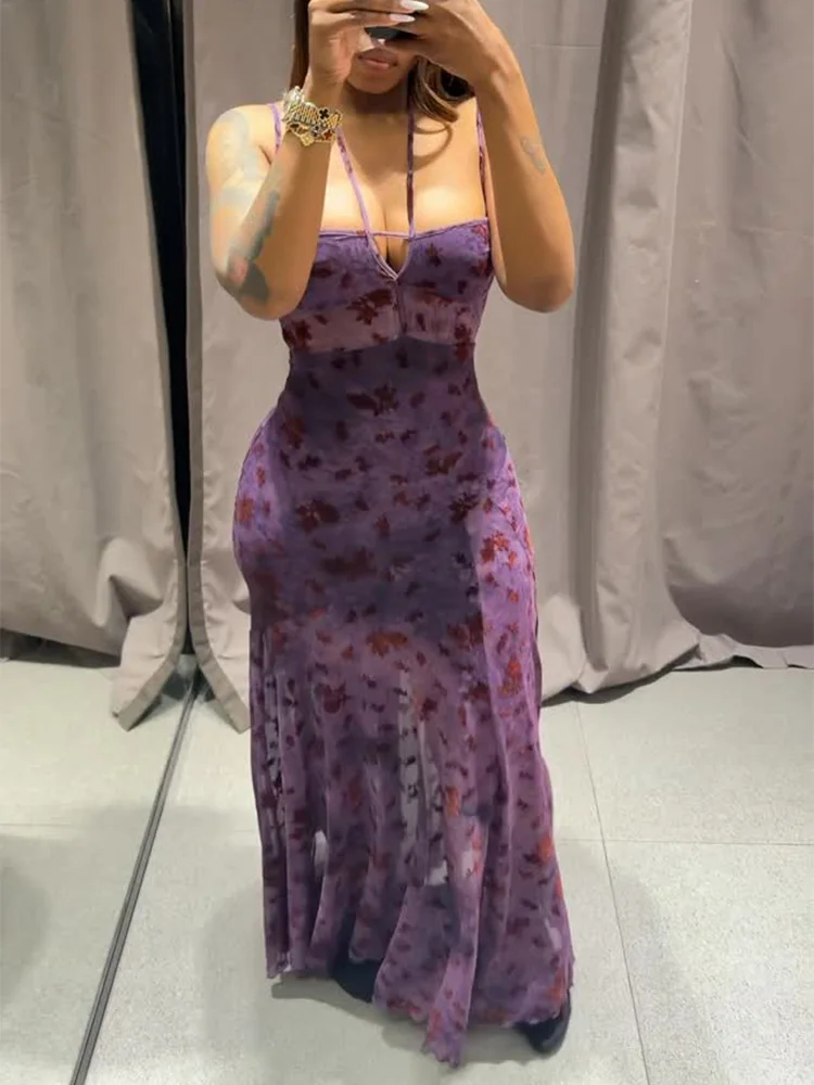 HH Women Summer Fashion Revealing Translucent Flocked Tulle Flower Decorated Long Dress Female Elegant Sexy Ankle-length Dress