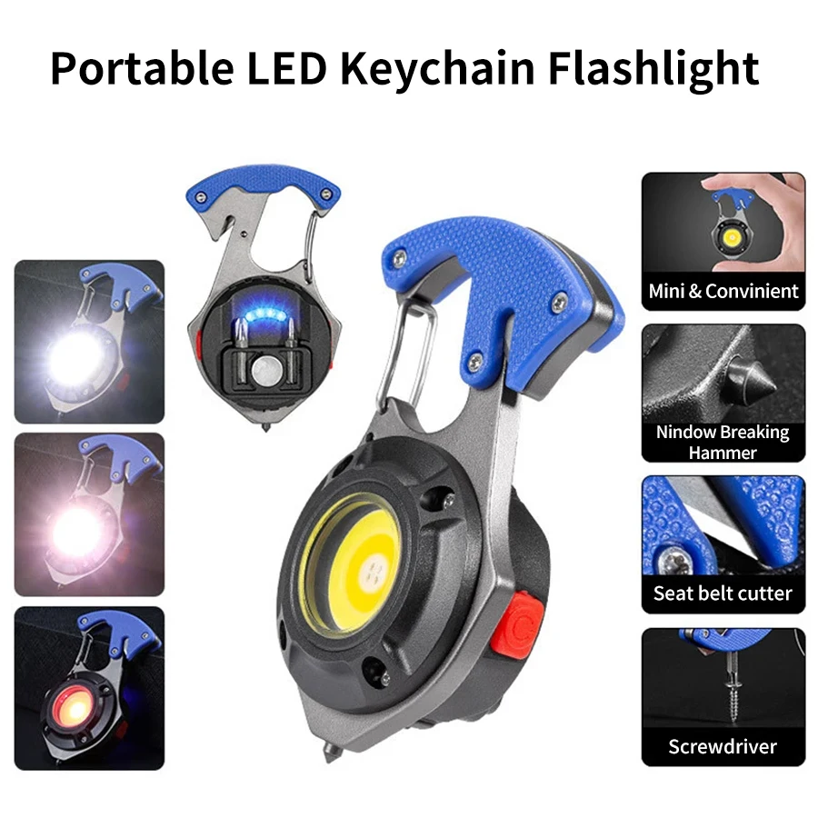 Mini COB Portable Keychain Flashlight 7 Mode Emergency Lamp with Screwdriver Window Breaking Hammer Multifunction Flashlight