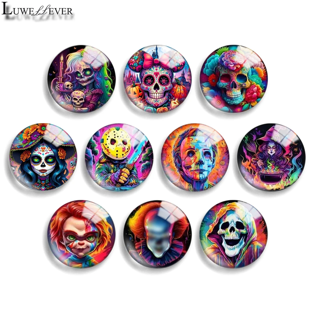 10mm 12mm 20mm 25mm 30mm 40mm 951 Halloween Mix Round Glass Cabochon Flat Jewelry Finding 18mm Snap Button Charm Bracelet