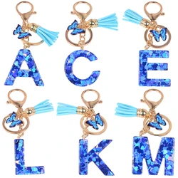 Resin English Letter Keychain With Blue Butterfly Pendant Tassel Charms Glitter Sequins love Filled 26 Initials Key Rings