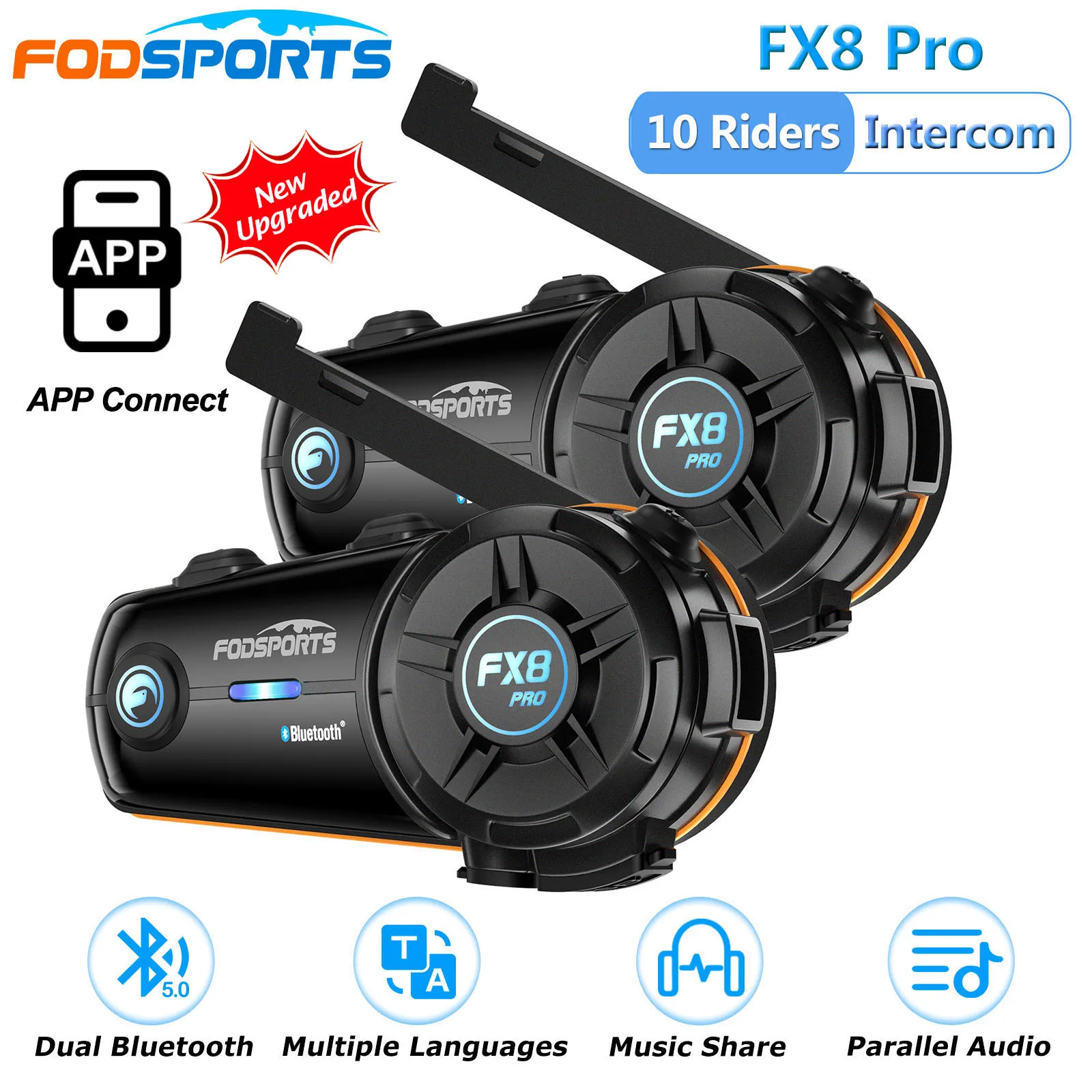 Fodsports FX8 Pro Intercom Motorcycle Helmet Headsets 8 Riders Dual Bluetooth Intercomunicador Moto Music Share Interphone