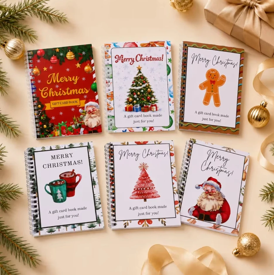Gift Card Book, random 6 pcs Portable Spiral Bound, Xmas Festive Printed, Card Holder Organizer, For Holiday Home Party Gift
