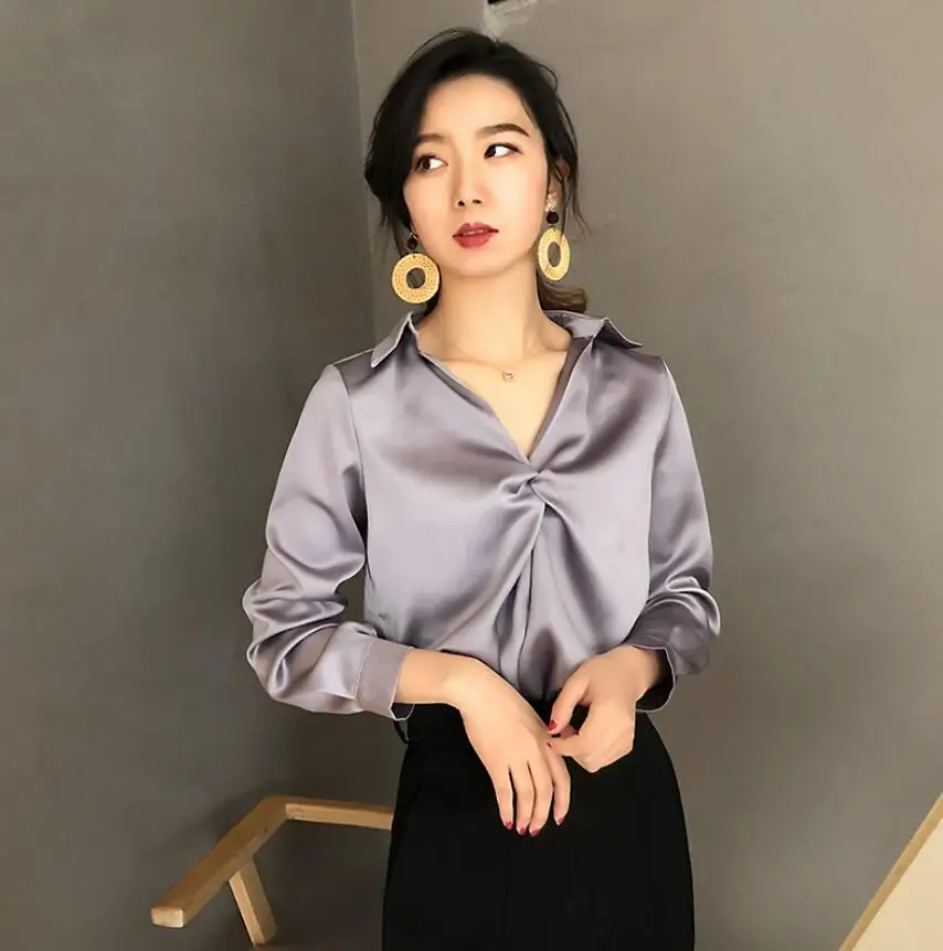 White Shirt Women V-Neck Solid OL Blouse Office Ladies Elegant Slim Long Sleeve Tops s37