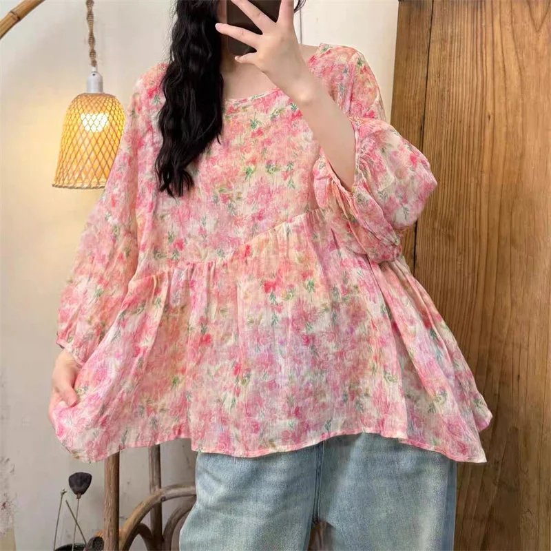 Women 100% Ramie Floral Blouse 2026 Autumn New Round Neck Lantern Sleeve Babydoll Top Casual Loose Print Sun Protection Shirt