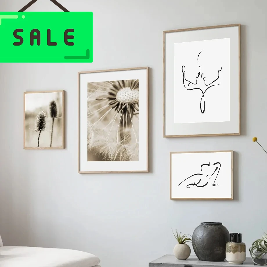 Dandelion Minimalist Line Art Wall Art Canvas Prints Neutral Beige Botanical Couple Kiss Line Drawing Posters Living Room Dec