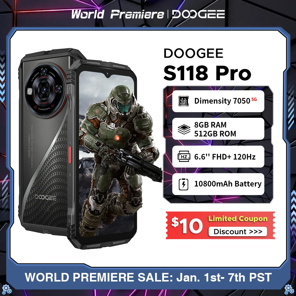 World Premiere DOOGEE S118 Pro 5G Rugged Phone 6.6'' FHD 120Hz 8GB RAM 512GB ROM 10800mAh Battery Android 14 Cell Phone With NFC