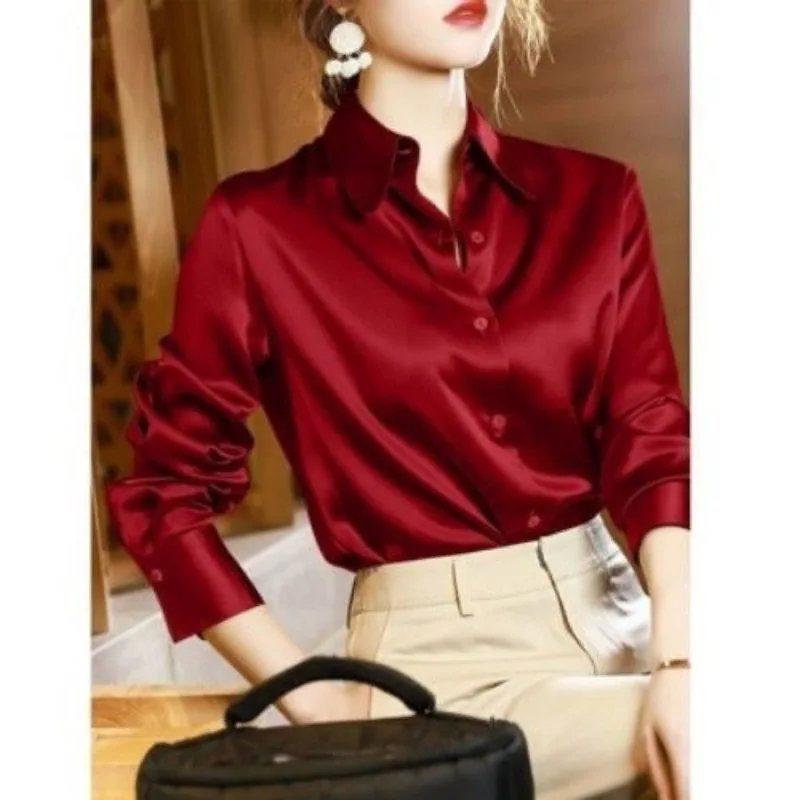 Blusa Cetim Seda de Manga Longa Feminina, Camisa de Botão, Elegante Camisas de Escritório, Top Feminino Empresarial, Coreano, Luxo, Y2k