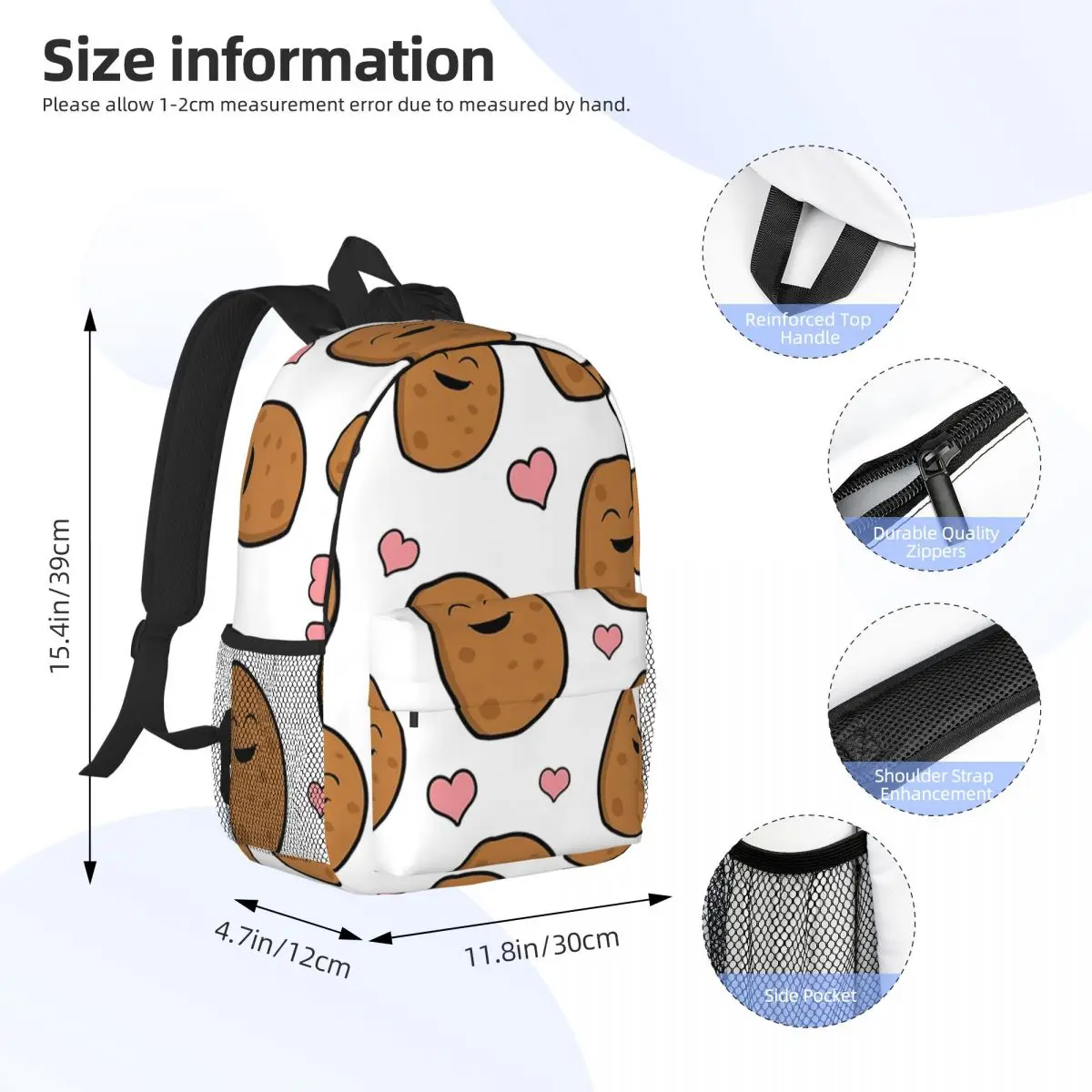 Potatoes And Hearts Backpacks Teenager Bookbag Fashion Children School Bags Laptop Rucksack Shoulder Bag Large Capacity