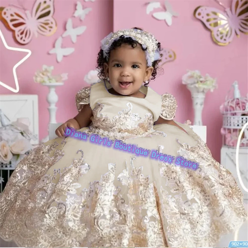 Vestido personalizado de flores para niñas pequeñas, vestidos de novia con estampado dorado, vestidos de fiesta para niños, Vestidos de Noche de cumpleaños para niñas