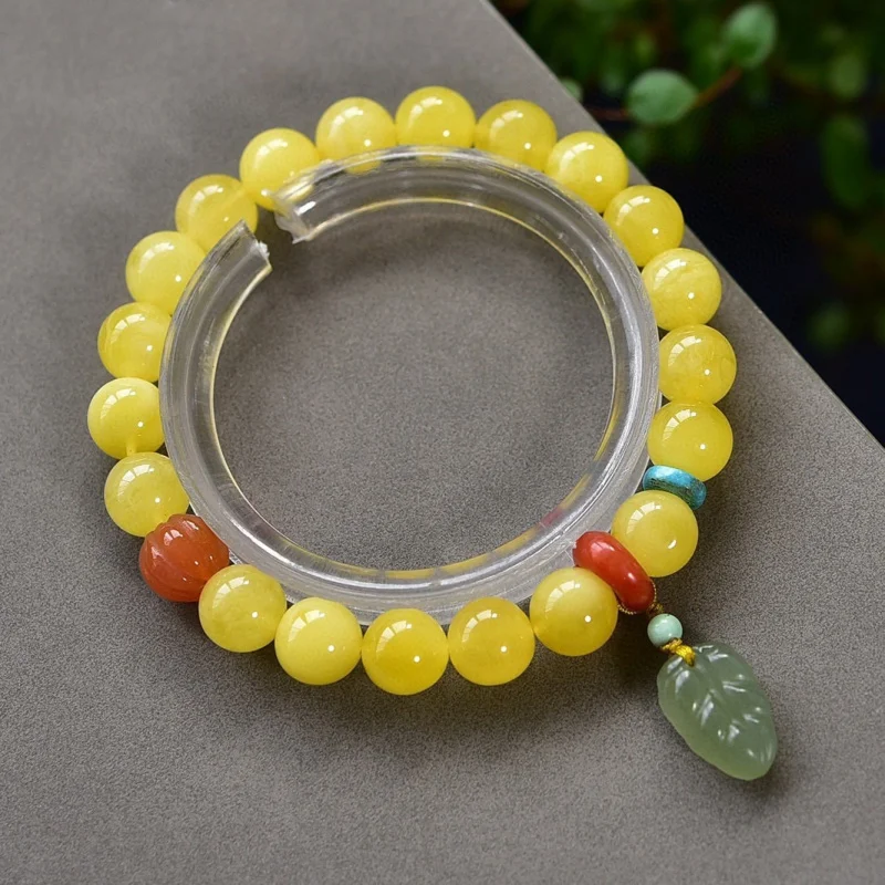 Natural Russian Beeswax Single Circle Bracelet Chicken Fat Yellow Floating White Flower with Red Turquoise Hetian Jade