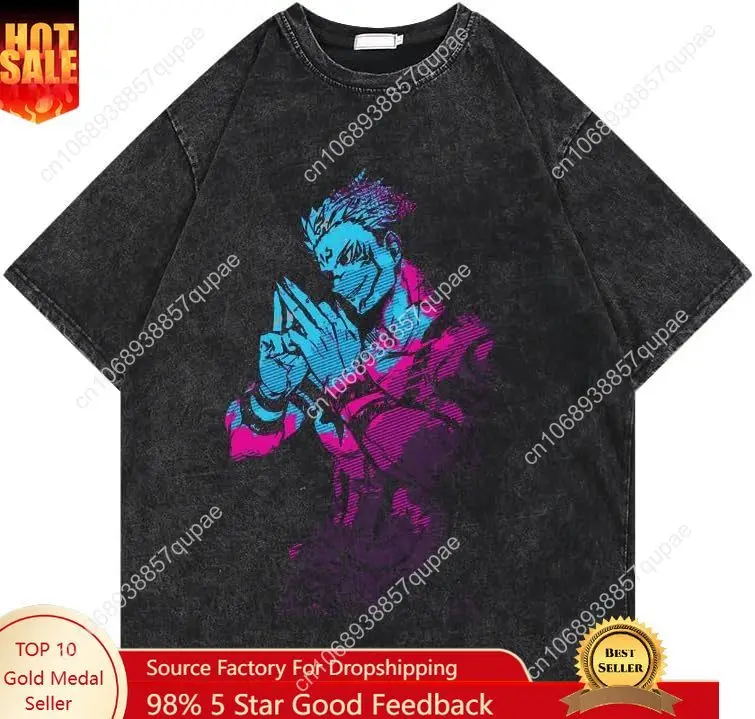 

Men's Vintage Wash Anime Pattern Shirt Summer Casual Hip Hop T-Shirt Street Clothing Harajuku Top T-Shirt Y2K Top