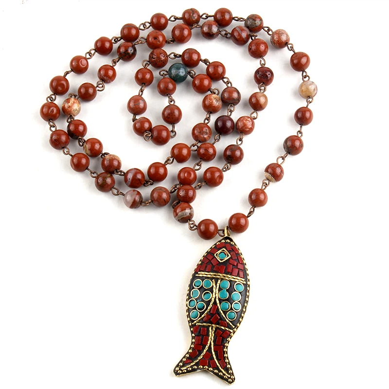 Fashion Link African Stone Ethnic Necklace Bohemian Tribal Jewelry Fish Pendant Halsband For Women Natural Stone Bead Neck