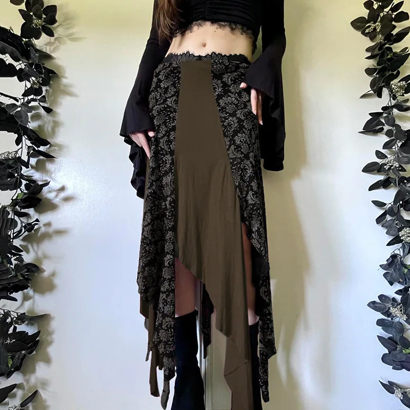 

2025 New Vintage Dark Printed Lace Patchwork Mid Skirts Cyber Y2K Irregular Hem Skirt Harajuku Retro Women's Bottoms Streetwear