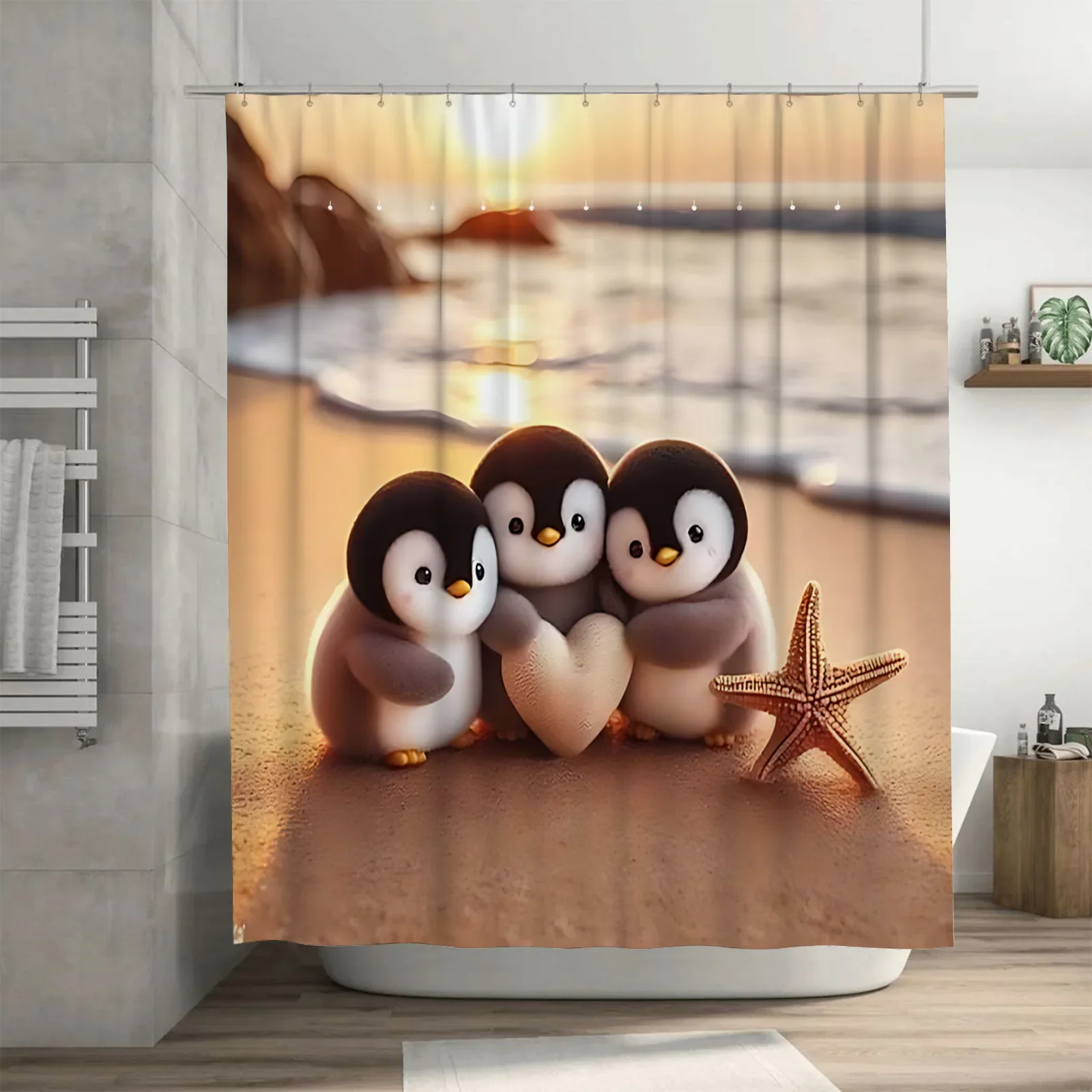 

Милые пингвины с сердечком и морской звездой, водонепроницаемая занавеска для душа для декора ванной комнаты, дополнительные крючки в комплекте, тема океана против плесени