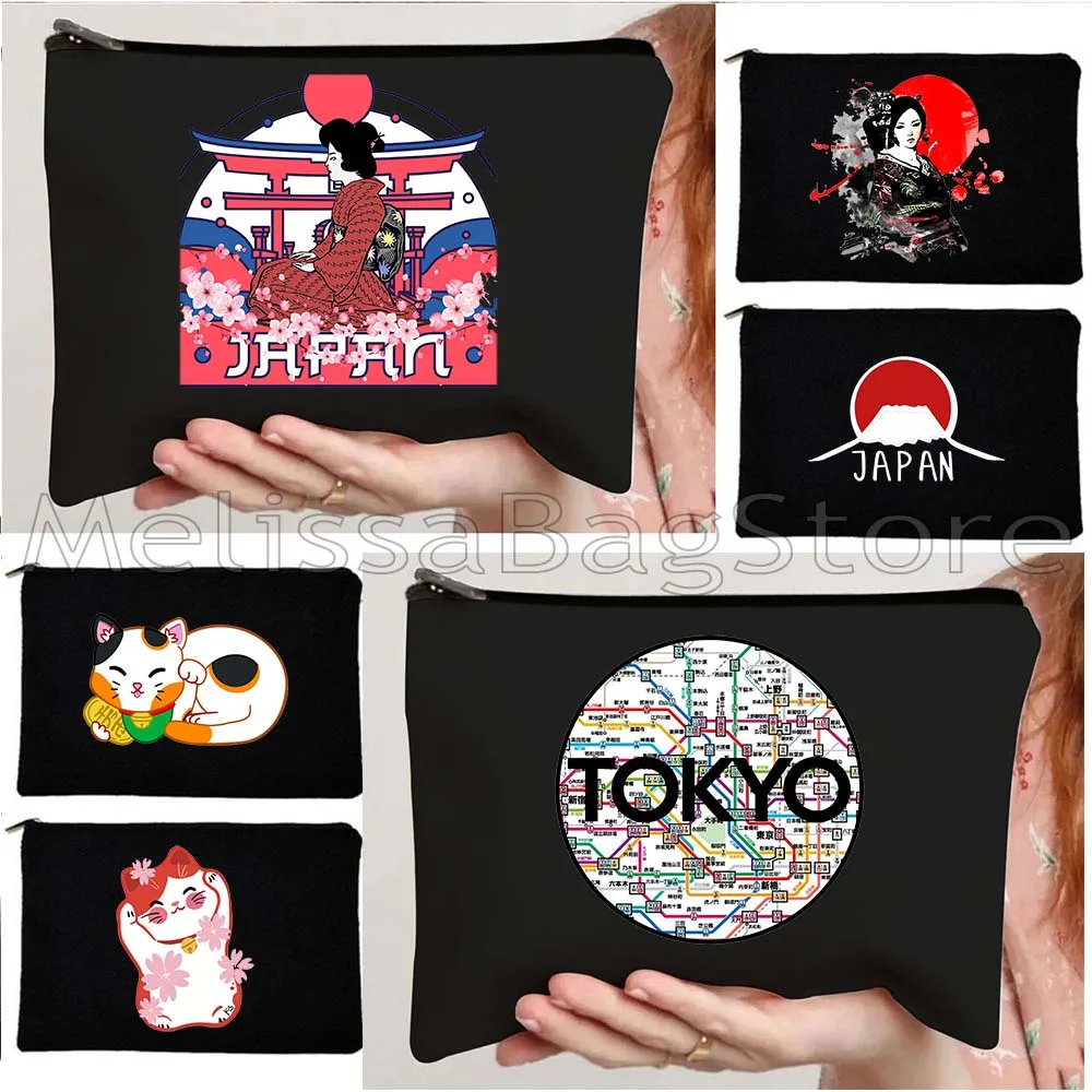 TOKYO Maneki Neko Cute Japanese Lucky Cat Mount Fuji Janpan Style Print Canvas Cosmetic Bag Makeup Toilet Bag Pencil Case Pouch