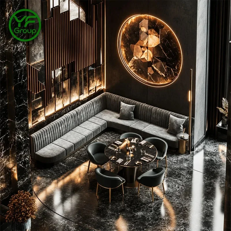Custom Luxury Restaurant Furniture Velvet Booth Seating Grey Banquette Marble Tables Chairs Sets for Hotel Diner