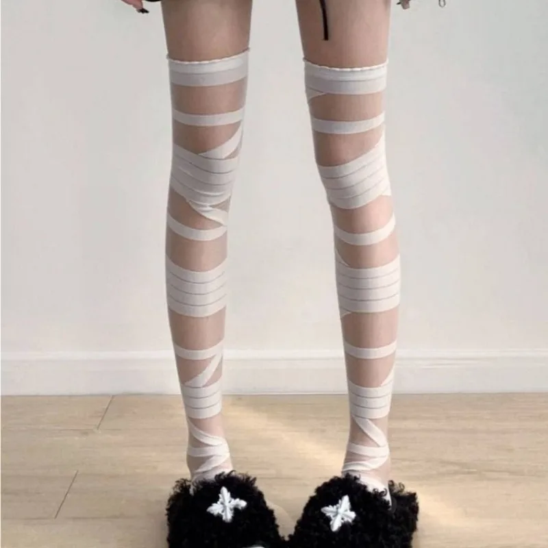 Носки с ремешками y2k в стиле Abby Wen Spice Girls, черно-белые повязки, длинные гольфы, женские носки в стиле Лолиты