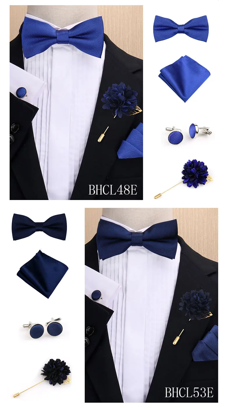 Modisches einfarbiges Fliege-Set für Herren, Fliege, Taschentuch, Manschettenknöpfe mit floraler Brosche, Anzug, Hochzeit, Business, Herren-Accessoires – Detail 13