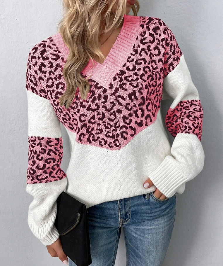 Women's Pullover 2025 Autumn Winter Latest Commuting V-Neck Contrasting Leopard Print Knit Sweater Loose Fit Long Sleeves Top