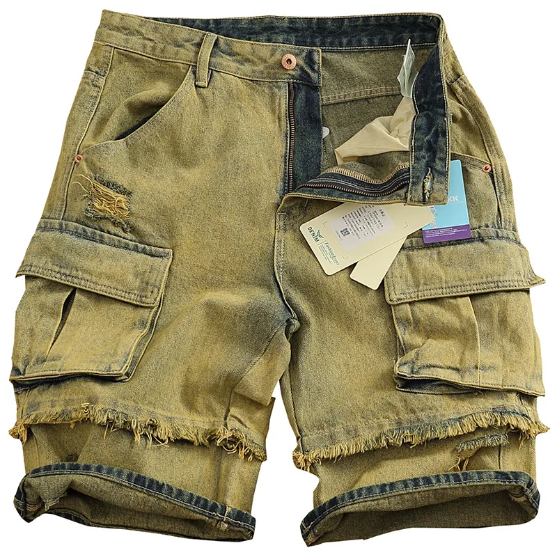 

Yellow mud dyed denim shorts for men in summer, loose and retro, trendy brand with multiple pockets and five quarter pants