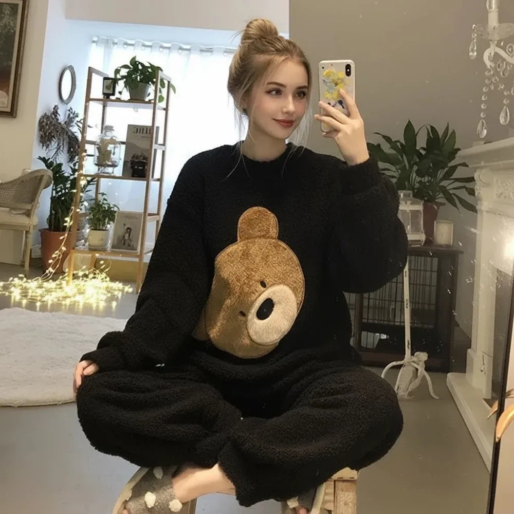 

Фланелевой зимний женский комплект одежды для сна, удобные одинаковые брюки и топ, теплая пижама, домашняя одежда с узором милого медведя