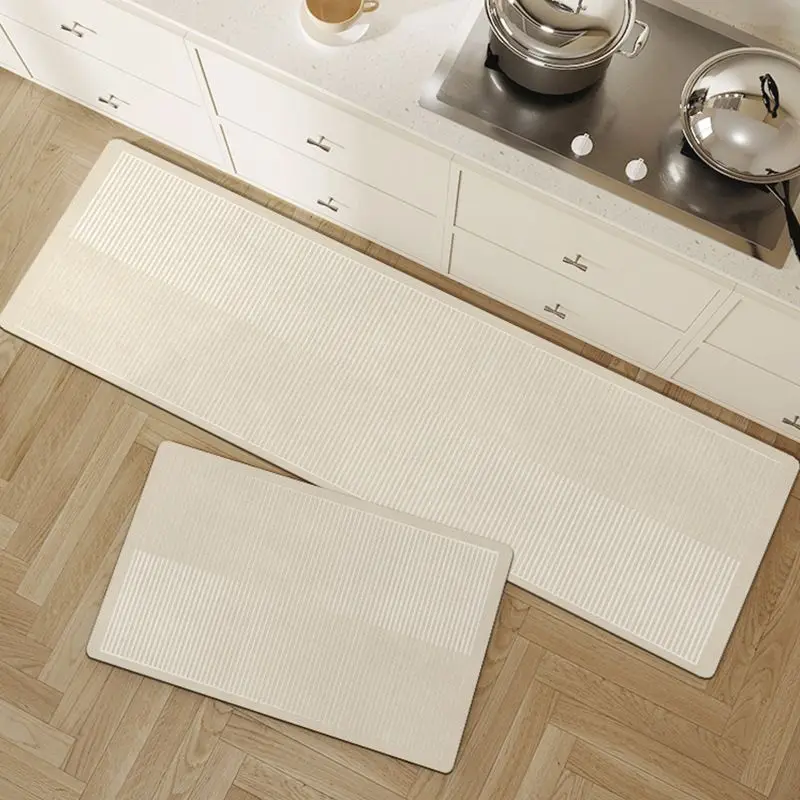 VIKAMA Non Slip Washable Kitchen Rug Striped Beige Floor Mat Anti Fatigue Soft Cozy Mat For Standing Cooking Home Decor