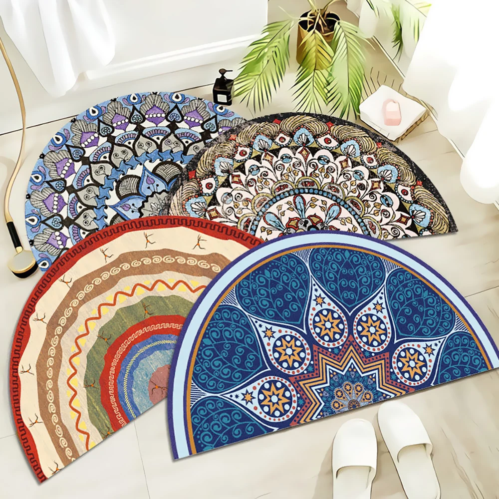 Entrance Doormat Anti Slip Floor Mat Boho Style Bedroom Carpet Half Round Enthnic Strong Water Absorbent Bath Mats Bathroom Rugs