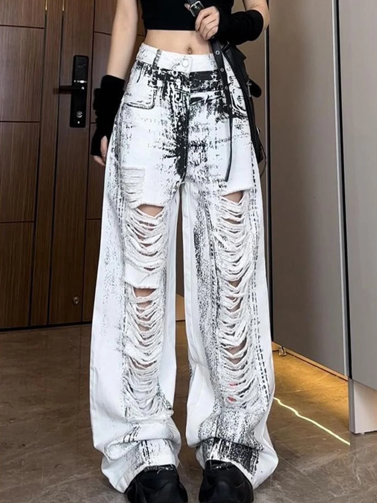 High Waist Wide Leg Denim Jeans Women's Graffiti Fashionable Slimming Trousers Autumn New Style Floor-Length Pants