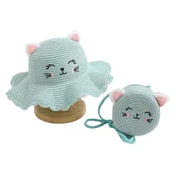 Cute Cat Summer Baby Hat Girl Handbag Straw Cap Set Kids Infant Princess Party Holiday Beach Sun Hats Panama Gorros