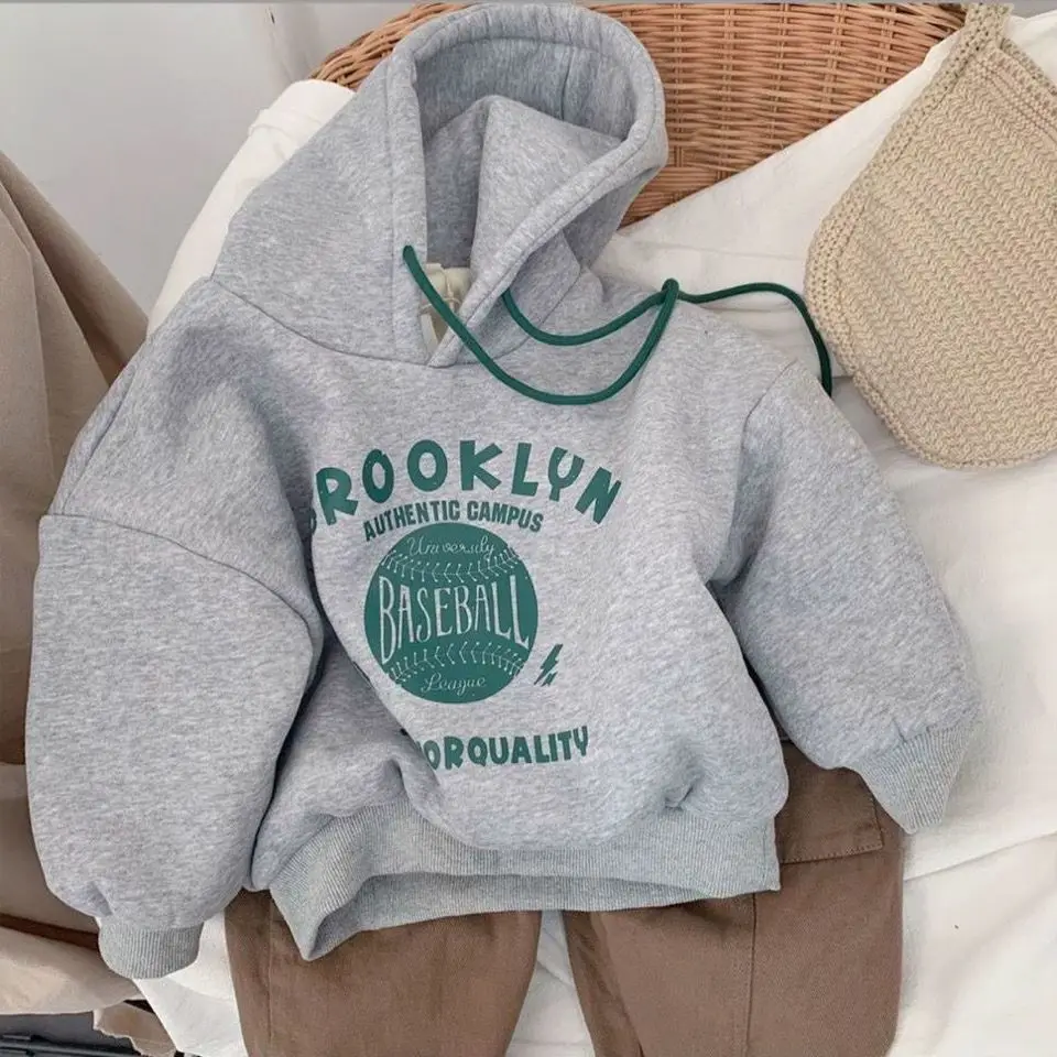 Korean Style Casual Letter Print Hooded Long Sleeve Baby Hoodies Autumn Gray Breathable Streetwear Soft Kids Sweatshirt Unisex