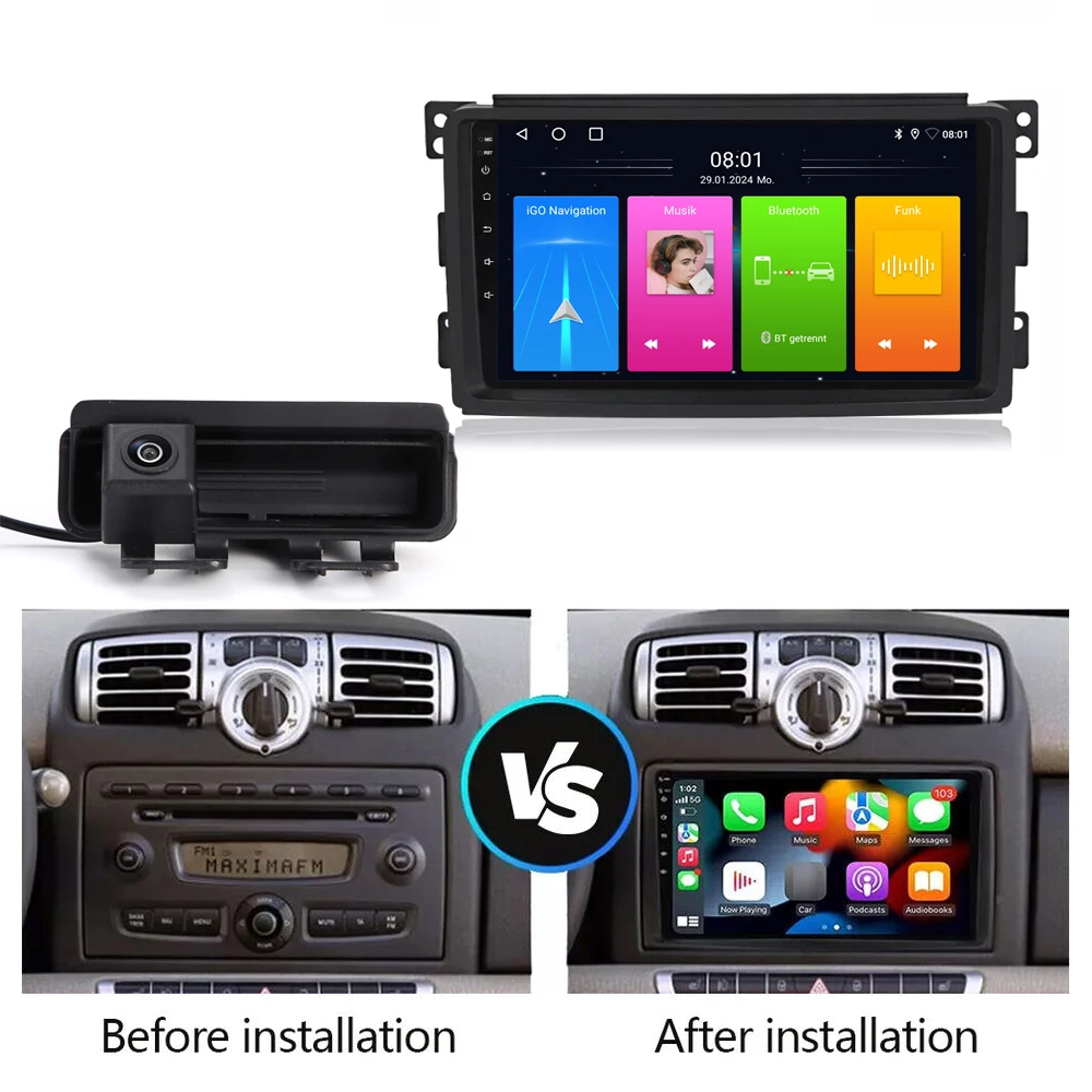 Android car radio with Wireless carplay GPS Navigation+HD reverse camera for Smart Fortwo Cabrio Coupe 451 2007/08-2024/12