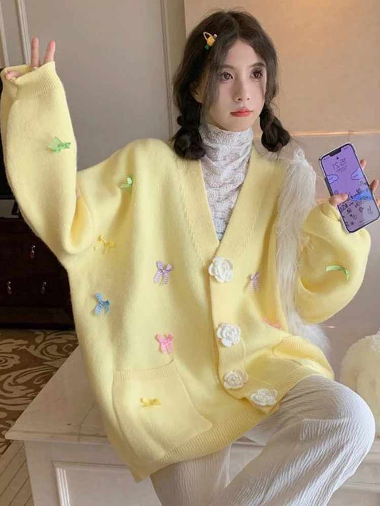 

Pastel Color Knot V-ne 3D Flower Knitted Open Cardigan Sweater Women's Spring New Loose Lazy Sle Top