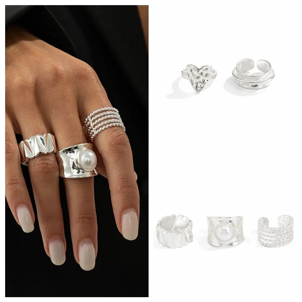 Creative Heart Shaped Wide Ring Set Exaggerated Geometric Joint Rings Inlaid Pearls Liquid Women Jewelry Ladies
