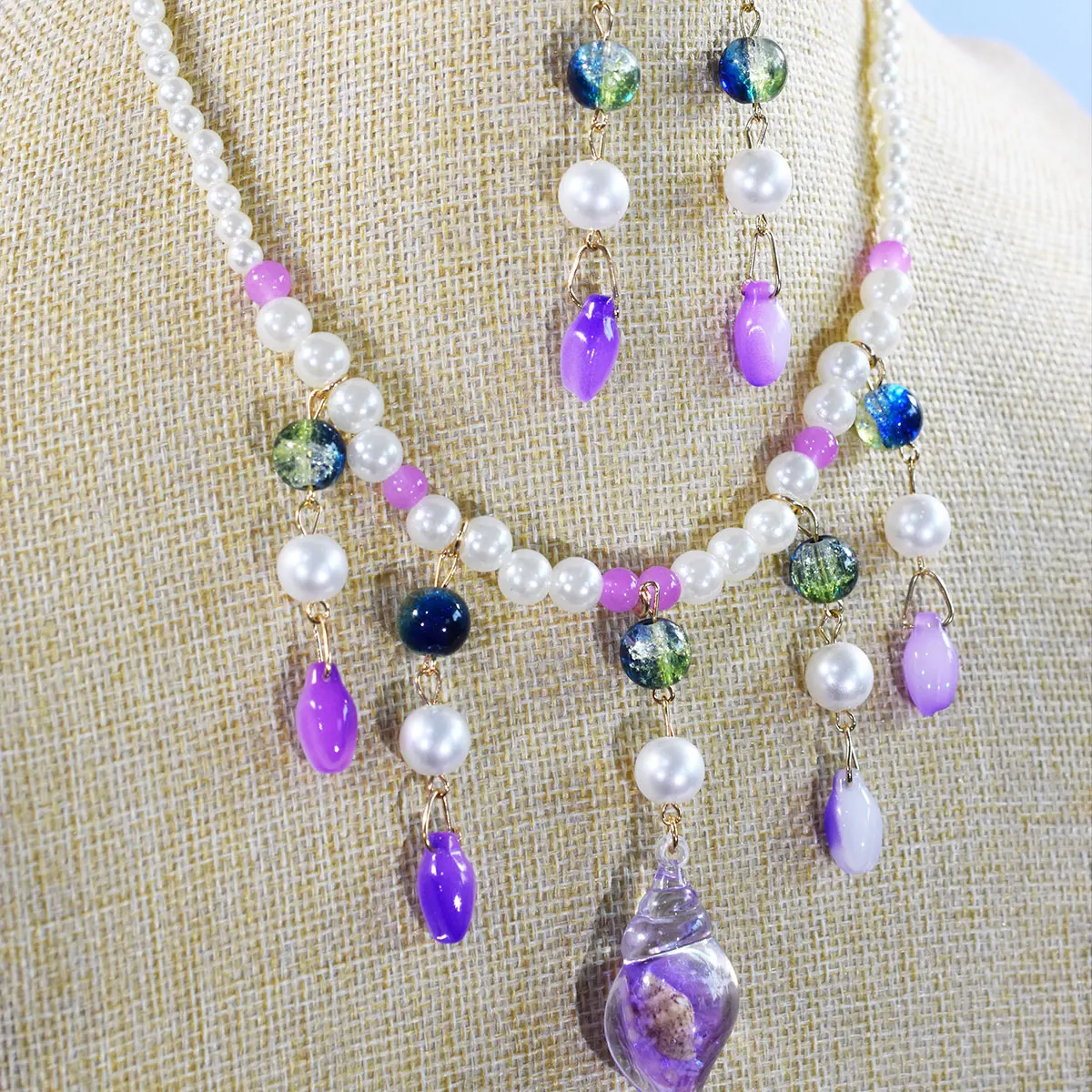 حلم الأرجواني البوب الزجاج الخرز تقليد اللؤلؤ مزيج قلادة أقراط الأزياء محارة قلادة هامش الاكسسوارات الرقبة مجوهرات #3